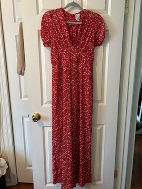 Blue Rain Red Floral V-Neck Jumpsuit with White Blossoms